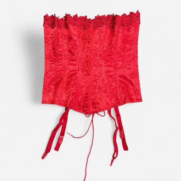 Crepe Suzette Foundations Red Floral Embroidered Satin Boned Lace Up Corset 34 - Picture 5 of 8